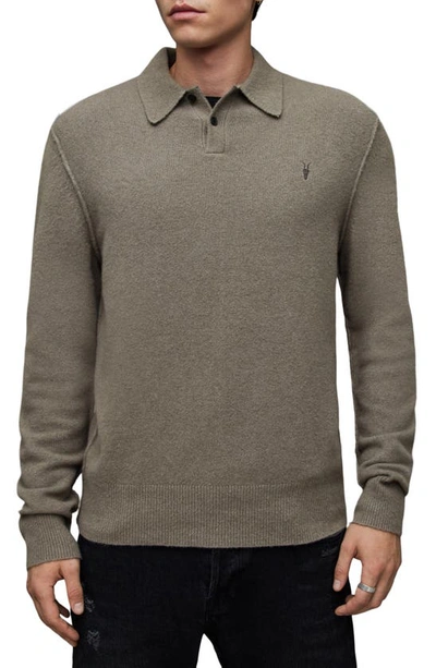 Allsaints Statten Solid Long Sleeve Polo Shirt In Planet Grey