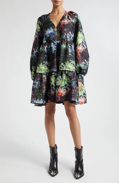 Stine Goya Jasmine Glitter Bloom-print Minidress In Black