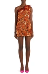 VALENTINO SEQUIN FLORAL EMBROIDERY ONE-SHOULDER MINIDRESS