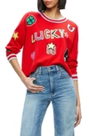 ALICE AND OLIVIA GLEESON EMBELLISHED PATCH WOOL BLEND PULLOVER