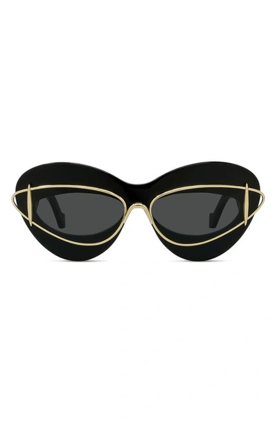 Loewe Double Frame Mixed-media Cat-eye Sunglasses In Shiny Black / Smoke