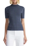 Lafayette 148 Gingham Responsible Matte Crepe Short Sleeve Sweater In Midnight Blue Multi
