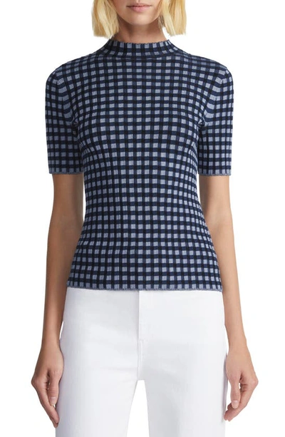 Lafayette 148 Gingham Responsible Matte Crepe Short Sleeve Sweater In Midnight Blue Multi