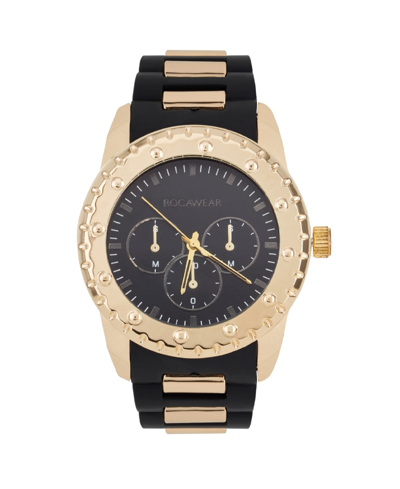 Rocawear Men's Analog Matte Black And Shiny Gold-tone Link Rubber Strap Watch 51mm In Black,gold