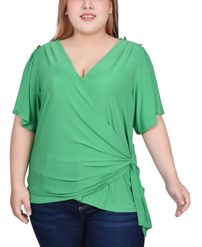 Ny Collection Plus Size Short Sleeve Wrap Top In Bright Green