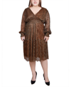Ny Collection Plus Size Long Sleeve Plisse Mesh Dress In Bronze