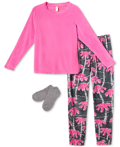 Hue Women's Glacier Flake Fleece Pajama Set, 4 Piece In Carmine Rose