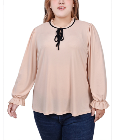 Ny Collection Plus Size Long Sleeve Tie Neck Top In Semolina Black