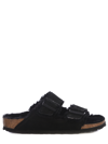 Birkenstock Arizona Shearling Slides With Large Buckle In Black