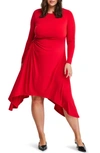 ESTELLE RUCHED ASYMMETRIC HEM LONG SLEEVE JERSEY MIDI DRESS