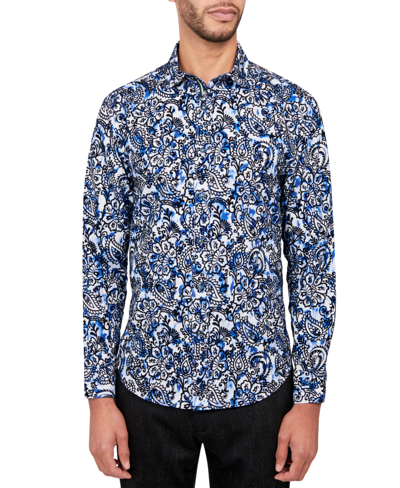 Society Of Threads Men's Regular-fit Moisture-wicking Flocked Paisley Button-down Shirt In Blue
