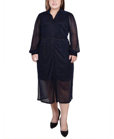 Ny Collection Plus Size Long Sleeve Plisse Mesh Dress With Belt In Navy