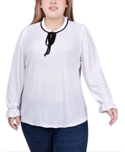 Ny Collection Plus Size Long Sleeve Tie Neck Top In White Black