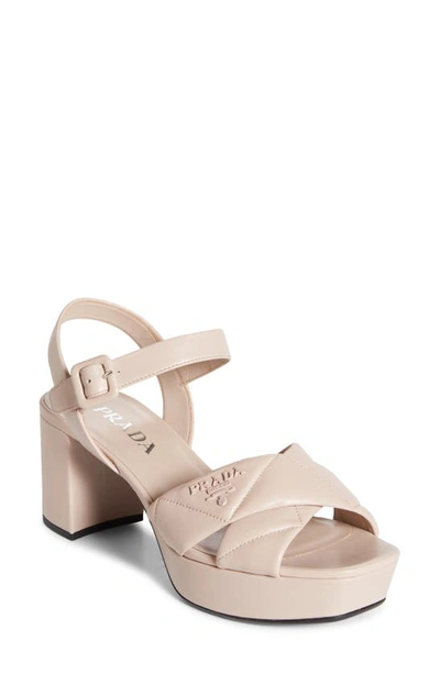 Prada Vernice Patent Leather Crisscross Platform Sandals In Cipria