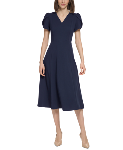 Calvin Klein Petite Tulip-sleeve V-neck Midi Dress In Indigo