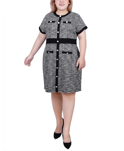 Ny Collection Plus Size Short Sleeve Tweed Dress In Black White