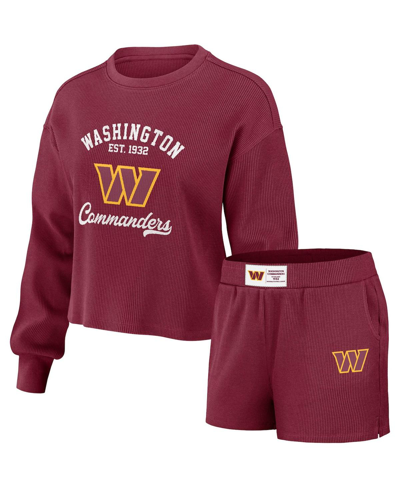 Wear By Erin Andrews Burgundy Washington Commanders Waffle Knit Long Sleeve T-shirt & Shorts Lounge