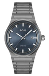 Hugo Boss Men Candor Auto Automatic Ionic Plated Gray Steel Watch 41mm In Blue