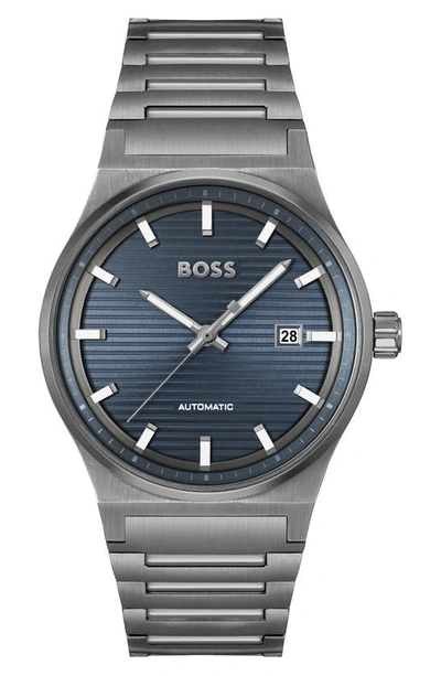 Hugo Boss Men Candor Auto Automatic Ionic Plated Grey Steel Watch 41mm In Blue/gray
