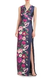 KAY UNGER CORALINE FLORAL FAUX WRAP SHEATH GOWN