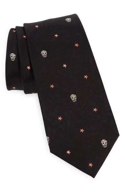 Alexander Mcqueen Stars & Skulls Silk Tie In Black/ Peach