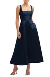 Dessy Collection Square Neck Sateen Midi Gown In Midnight