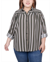 Ny Collection Plus Size Long Roll Tab Sleeve Blouse In White Olive Stripe