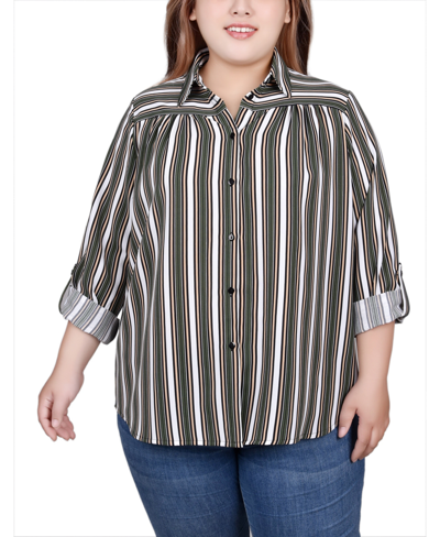 Ny Collection Plus Size Long Roll Tab Sleeve Blouse In White Olive Stripe