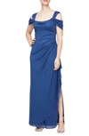 Alex Evenings Cold Shoulder Ruffle Glitter Evening Gown In Electric/ Blue