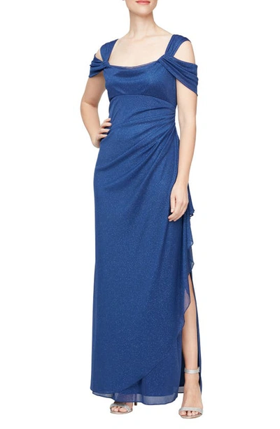 Alex Evenings Cold Shoulder Ruffle Glitter Evening Gown In Electric Blue