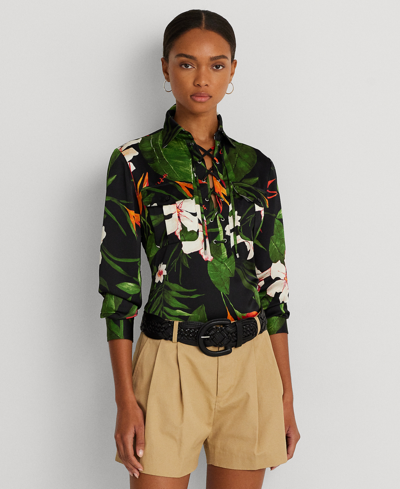 Lauren Ralph Lauren Petite Tie-front Tropical-print Shirt In Black,green,multi