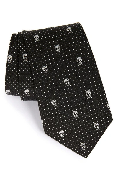 Alexander Mcqueen Skull Silk Tie In Black/ White