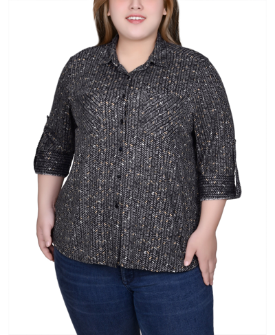 Ny Collection Plus Size Long Sleeve Button Front Tunic Top In Gray Herringbone