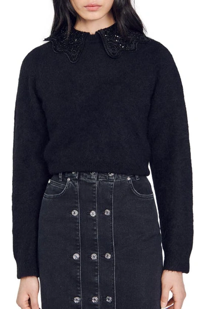 Sandro Ellena Crop Alpaca Blend Sweater With Removable Collar In Black