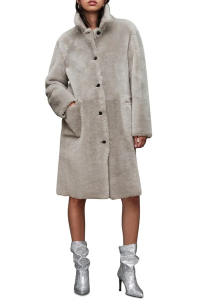 Allsaints Serra Reversible Shearling Coat In Pale Grey