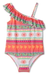 HATLEY ORNATE TROPICAL RUFFLE TRIM ONE-PIECE SWIMSUIT