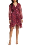 Sam Edelman V-neck Long Sleeve Ruffle Mini Dress Ruby Multi In Ruby Multi