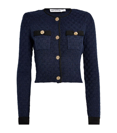 Self-portrait Knitted Cropped Cardigan In Navy