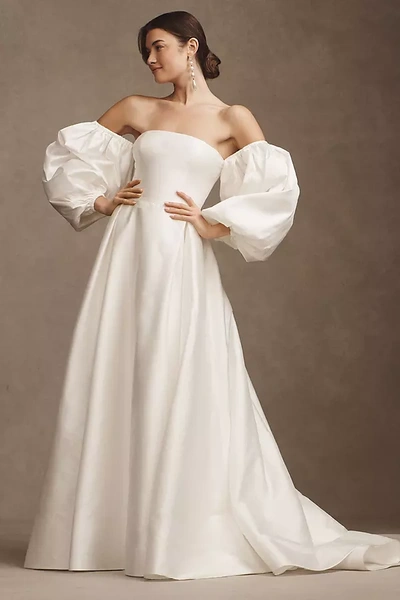 Watters Millie Off-the-shoulder Removable Puff-sleeve A-line Wedding Gown In White