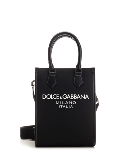 Dolce & Gabbana Small Shopping Bag With Rubberized Logo In Black
