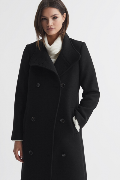 Reiss Blair - Black Petite Wool Blend Double Breasted Long Coat, Us 6