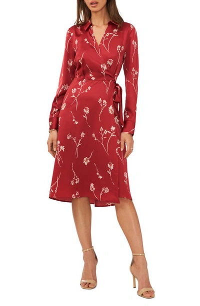 Halogen Long Sleeve Faux Wrap Midi Shirtdress In Earth Red Print