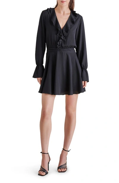 Steve Madden Farron Ruffle Neck Long Sleeve Georgette Minidress In Black