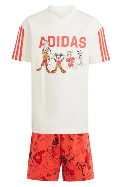 Adidas Originals Kids' Disney Mickey & Friends Graphic T-shirt & Shorts Set In Off White/ Bright Red