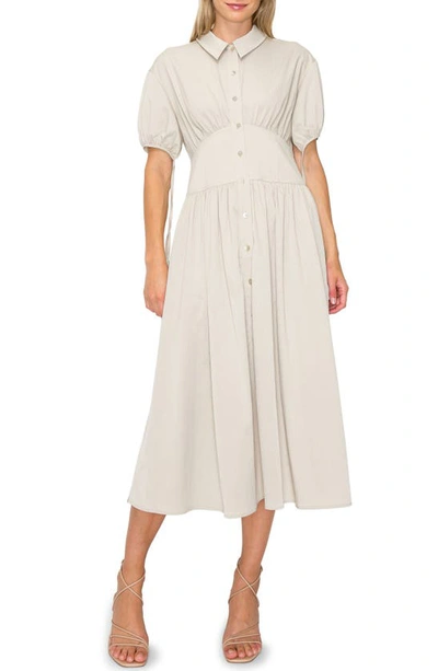 Melloday Tie Cuff Midi Shirtdress In Light Grey