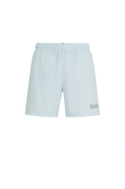 Hugo Boss Fully Lined Swim Shorts With Logo Print In Light Blue