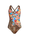 JOHNNY WAS WOMEN'S CHEETAH & FLORAL-PRINT ONE-PIECE SWIMSUIT