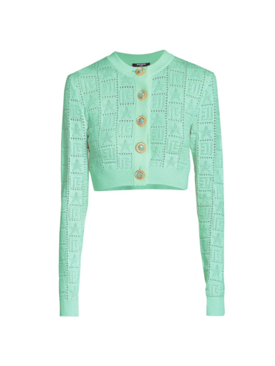 Balmain Cropped Pointelle-knit Cardigan In Mint Green