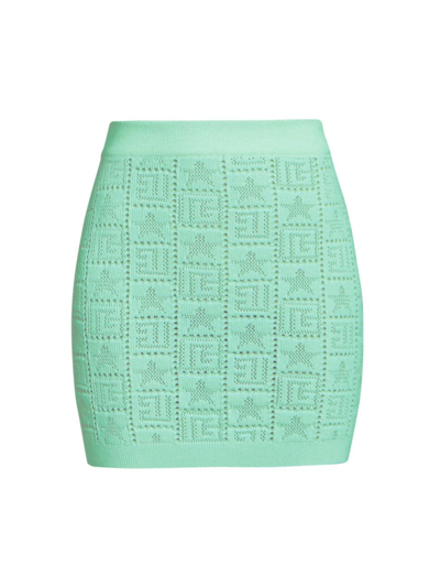 Balmain Women's Monogram Pointelle-knit Miniskirt In Mint Green