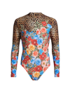 JOHNNY WAS WOMEN'S CHEETAH & FLORAL-PRINT LONG-SLEEVE SWIMSUIT